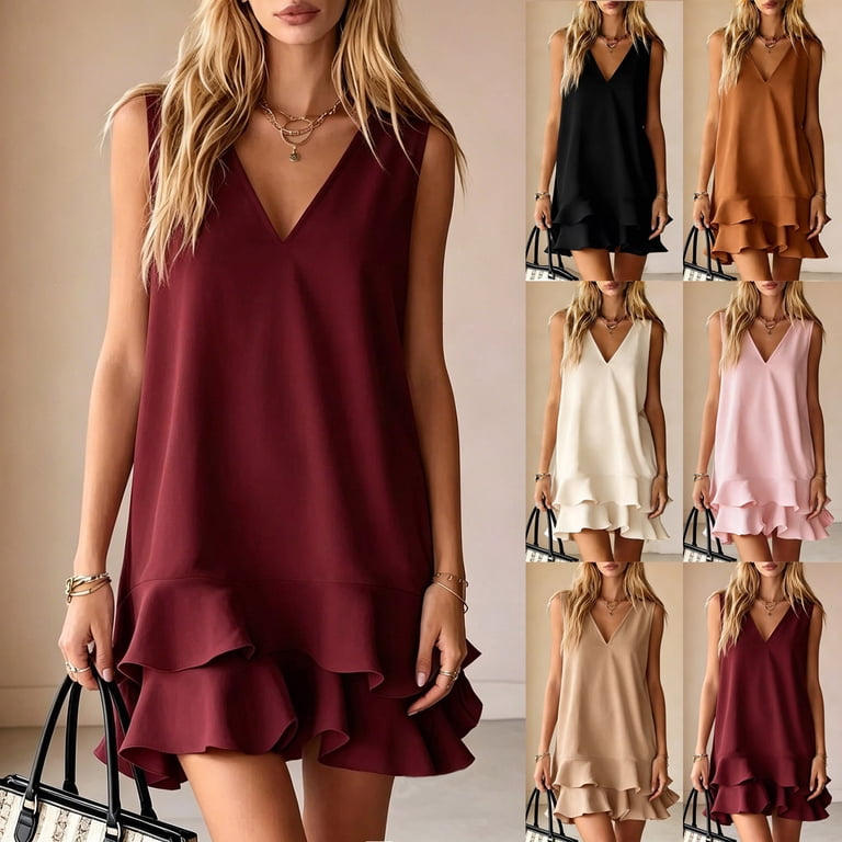elegant sleeveless ruffle hem mini dress Elegant Ruffle Hem Cocktail Mini Dress for Women Summer Loose V Neck Sleeveless Wear to Work Party Dresses