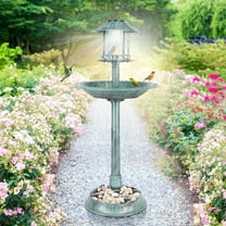 Qiushi Green Solar Powered Bird Bath with Light, Plastic Round Birdbath with Bronze Fleur-de-Lis Design, Weather Resistant Outdoor Garden Decor with Stake Base for Patio Yard, 20.08 x 20.08 x 42.13in