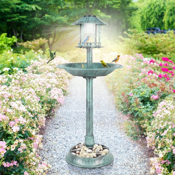 UBesGoo 42 Inch Bird Bath with Solar Light Dark Green