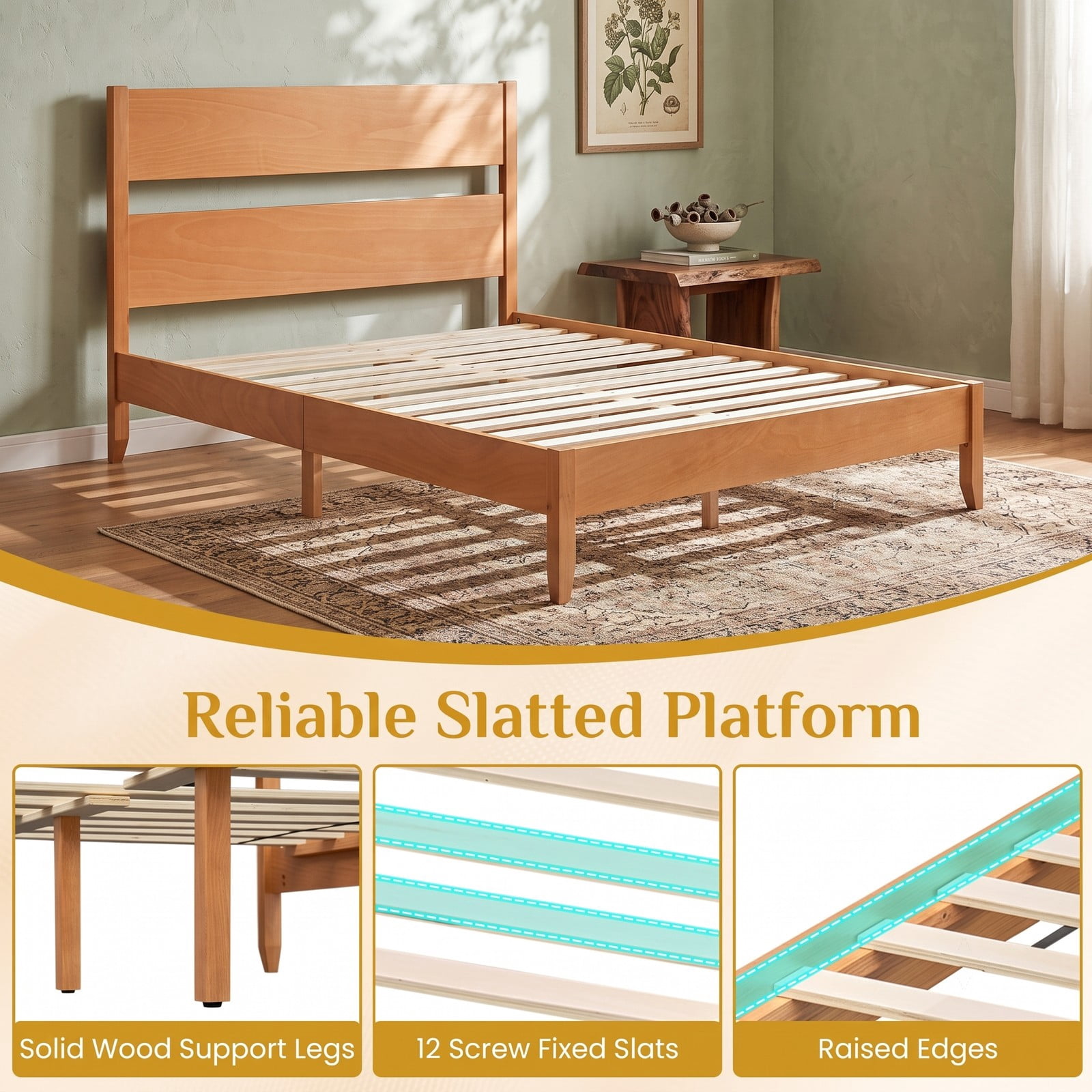 Furnibear Full Size Bed Frame Wood Platform Bed with Panel Headboard, Solid Wood Legs and 12 Slats for Bedroom, Warm Brown