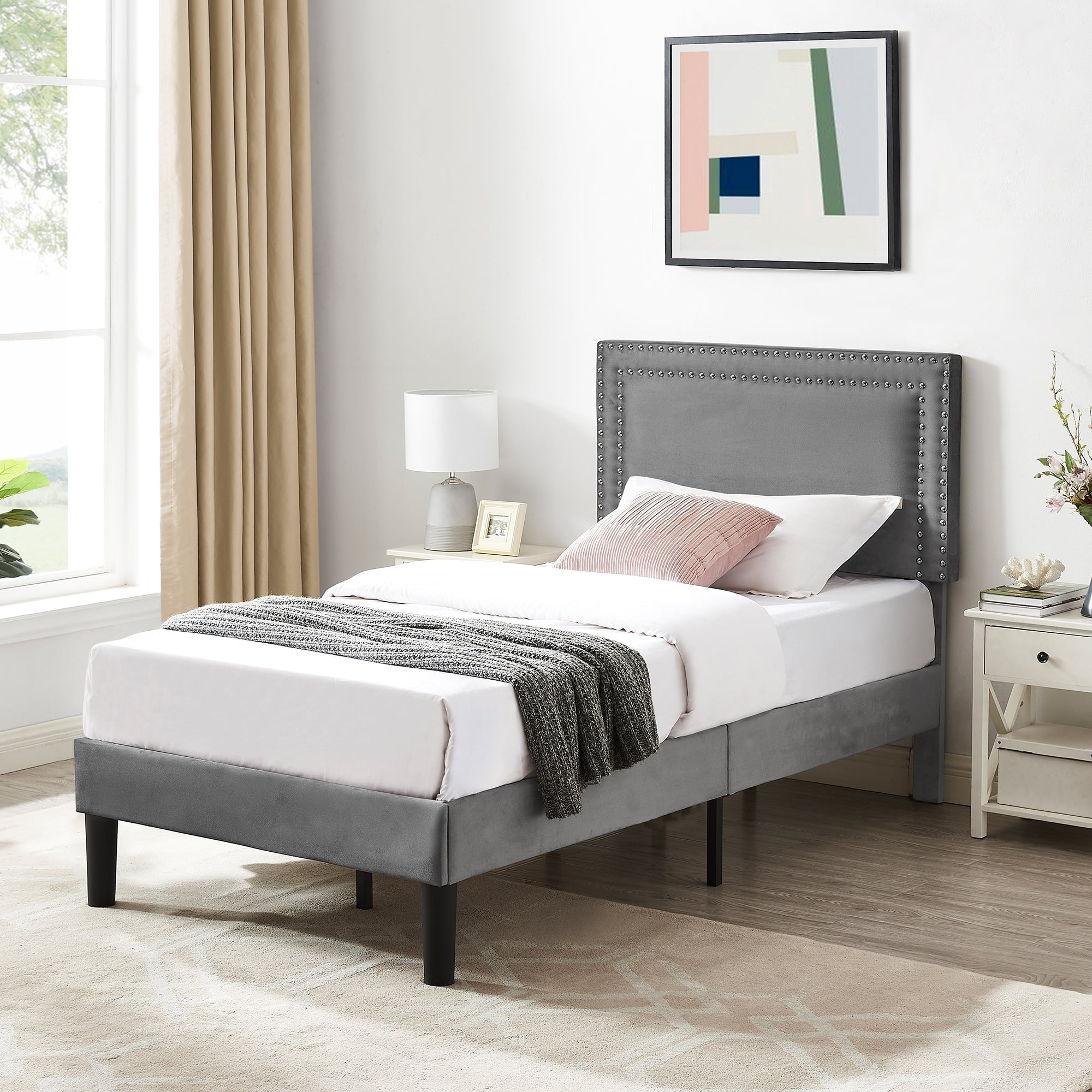 Katkuca Twin Bed Frame, Upholstered Queen Size Platform Bed Frame with Adjustable Headboard, Strong Wood Slat Support, No Box Spring Needed, Dark Gray