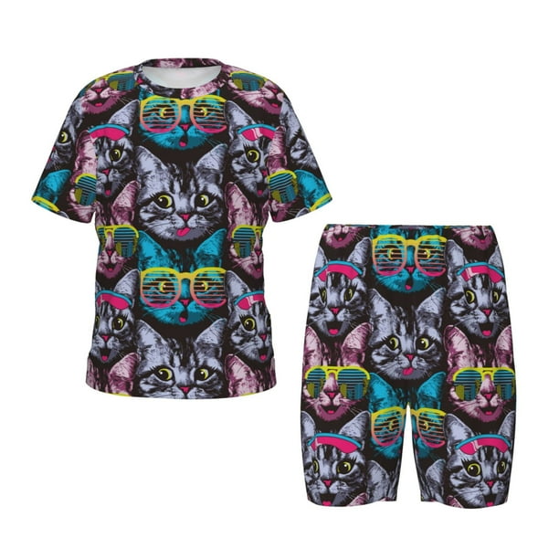 Balery Happy Kitten Faces Conjunto de Pijama Infantil de Manga Corta con Estampado – Ropa de Dormir de Algodón Suave-Medium