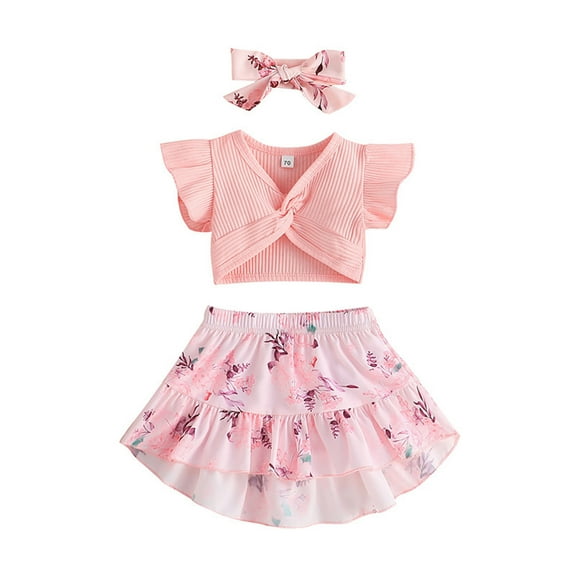 Quealent Baby Girl Summer 2024 Fashion Baby Girl Summer Clothes Cute Outfits Short Sleeve Skirt Dress Headband 3PCS Outfit Pink,6-9 Months
