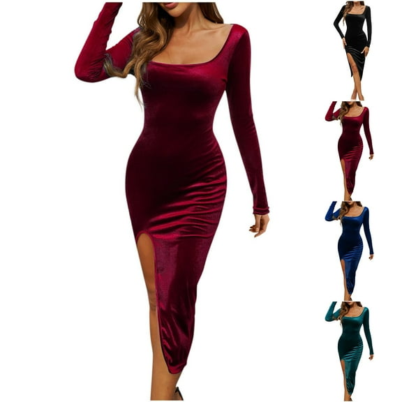 SMihono Fashion Women's Elegant Solid Color Dress Fashion Slit Hip-Hugging Dress Winter Spring Party Dress Square Neck Backless Dress Black 4