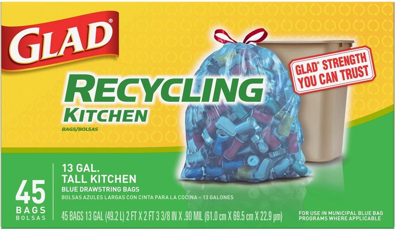 Trash Recycling Bags 13 Gallon 45 Count Blue Kitchen Tall Drawstrings Plastic 