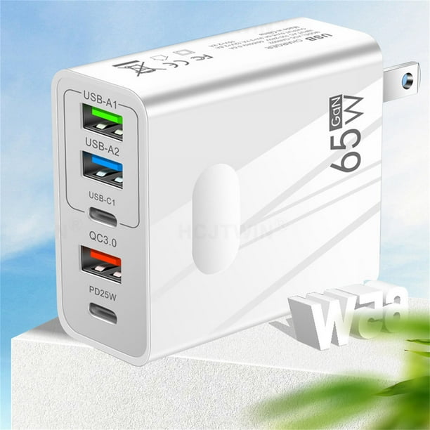 Cargador rápido PD de 36W - Puerto USB-C 5V3.1A y 3 puertos USB-A Adaptador de pared con distribución de energía inteligente