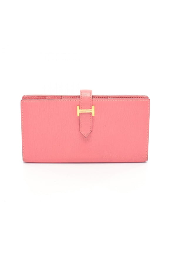 Pre-Owned Hermes Herms Bearn Soufflet Bi-fold Long Wallet, Leather, Chevre, Women's, Pink