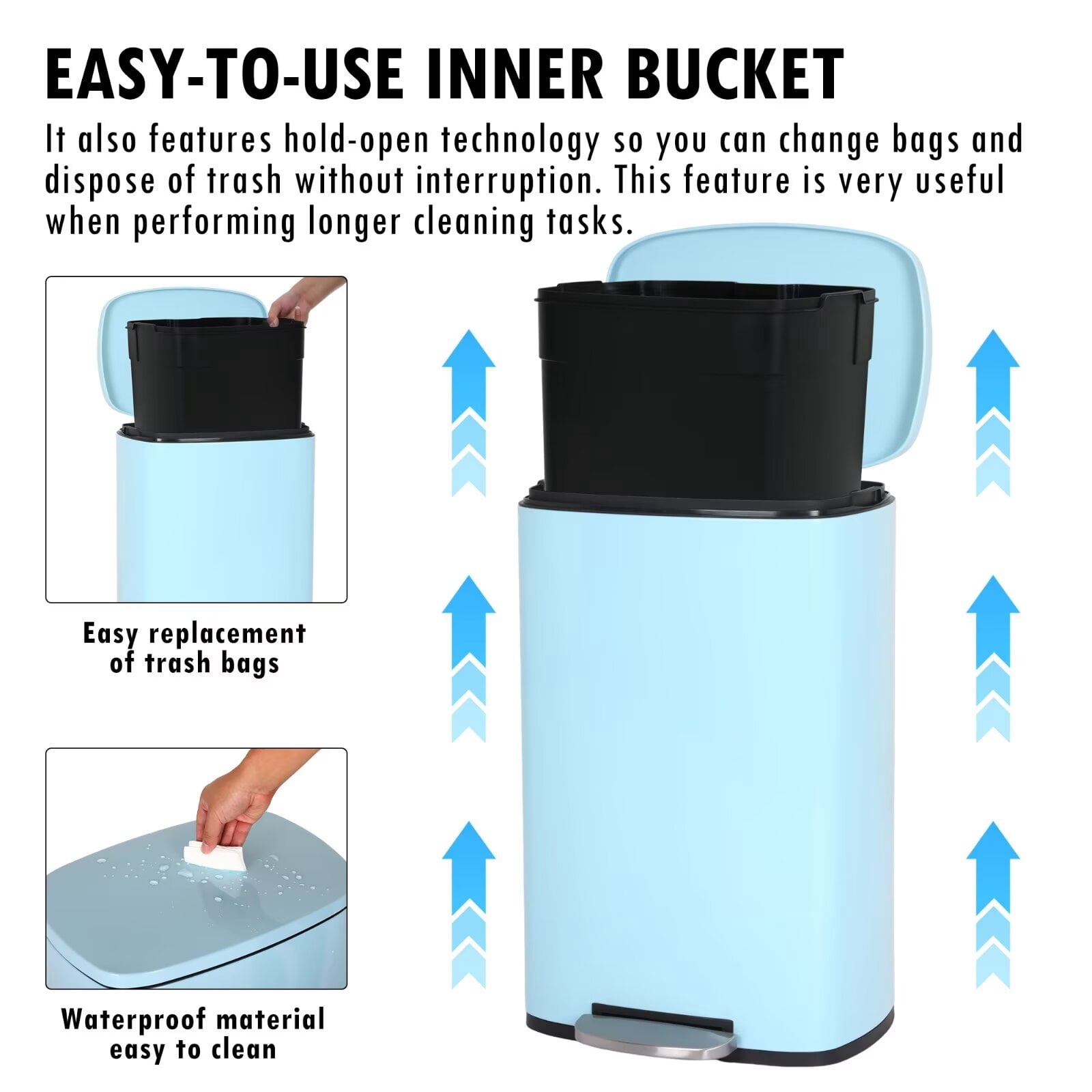 YRLLENSDAN 50 Liter/13 Gallon Stainless Steel Trash Can, Garbage Can with Lid and Removable Inner Bucket, Fingerprint Proof Trash Bin for Bathroom Kitchen Bedroom Office, Blue