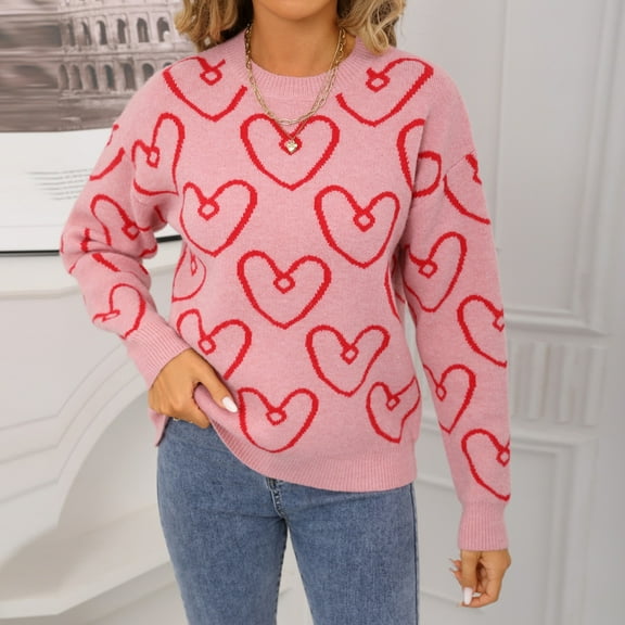 HOMBOM Womens Pink Sweaters Fall Knit Soft Crew Neck Long Sleeve Pullover Tops for Womens Heart