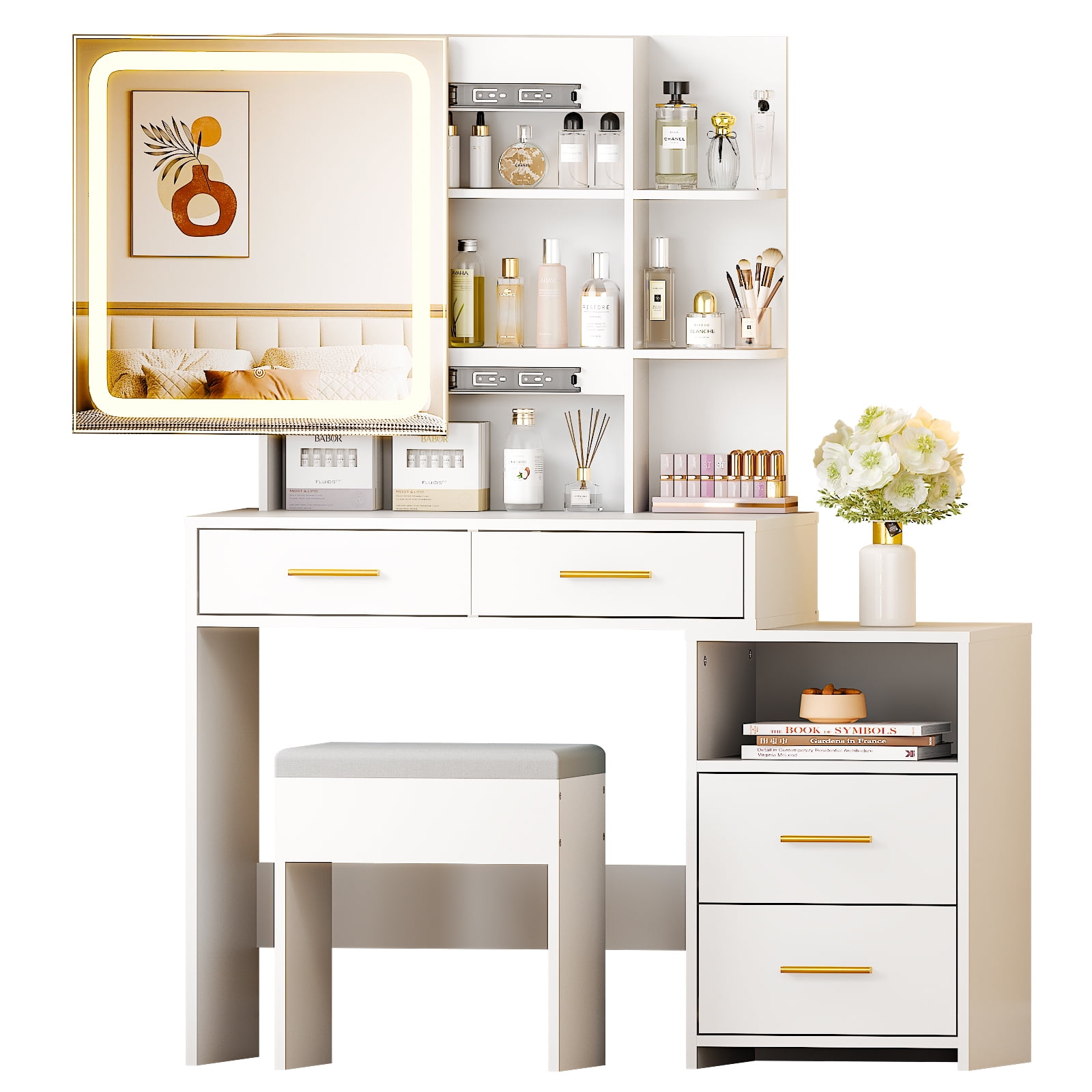 Ktaxon Lighted Makeup Vanity Table Set, Dressing Table with Sliding Mirror, Vanity Desk , White
