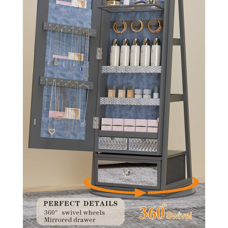 Fredees 360° Swivel LED Jewelry Cabinet, Lockable Wavy Mirror Organizer With Rear Shelves And Makeup Tray White
