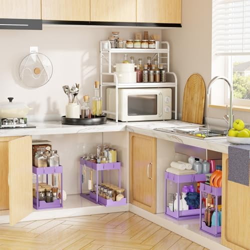 Under Sink Organizer 2 Pack, Sink Pull-Out Sliding Storage Cabinet, 2-Tier Under Shelf Organizer for Kitchen Bathroom, Purple