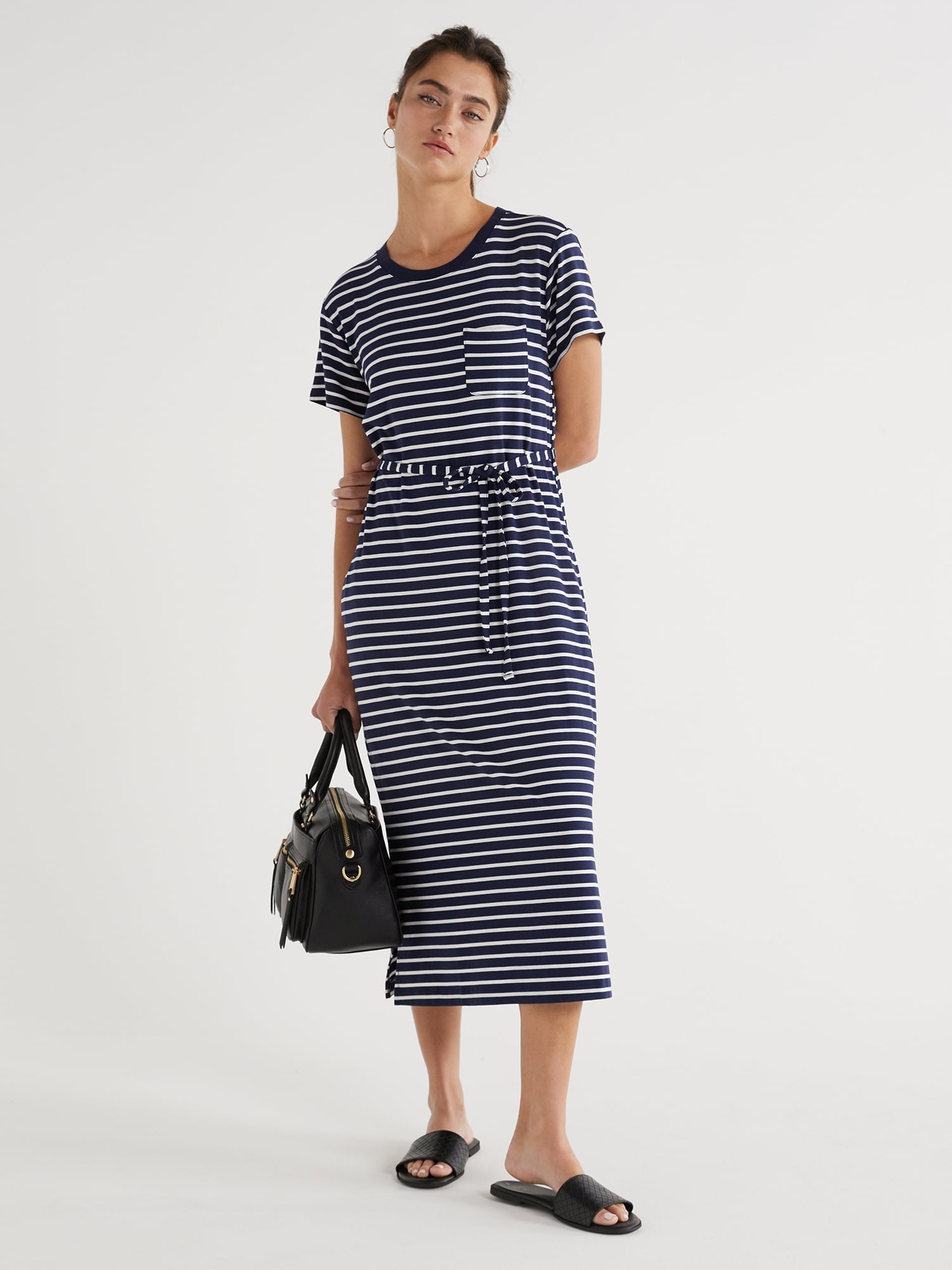 Time and Tru Women's Belted Knit Dress with Side Slits, Sizes XS-XXXL