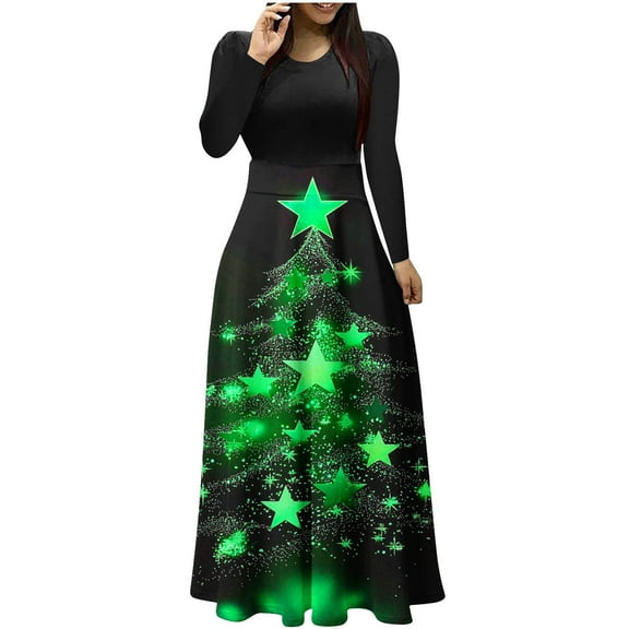 Hvot&aat Women's Christmas Dress Xmas Print Casual Long Sleeve Wrap Crewneck Dresses Patchwork Flowy Maxi Dress