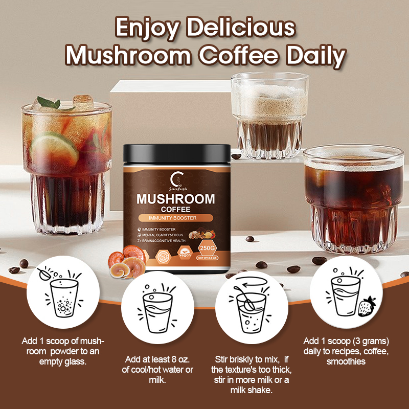 Mushroom Coffee Powder,Organic Instant Coffee Mushroom Supplement Powder, Mushroom Coffee Blend Complex for Focus & Memory,Brain, 8.8Oz(250g)