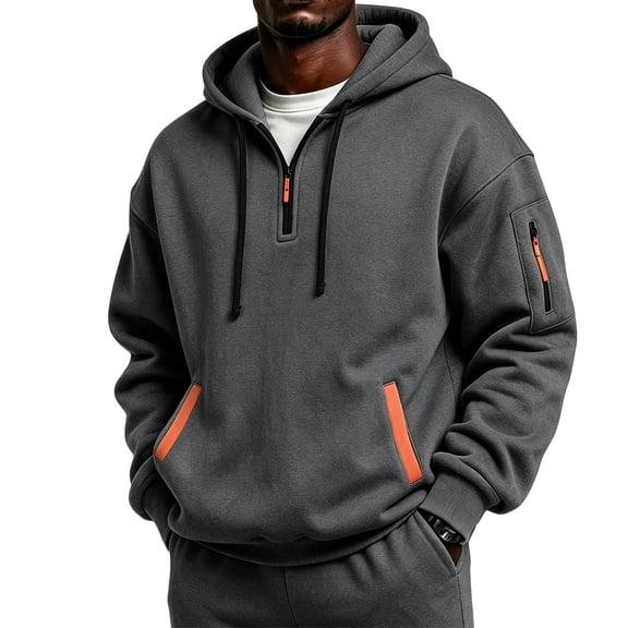 Men's Hoodies Casual Pullover Hooded Sweatshirt Long Sleeve Quarter Zip Hoody Tops With Kangaroo Pocket Dark Gray 5XL