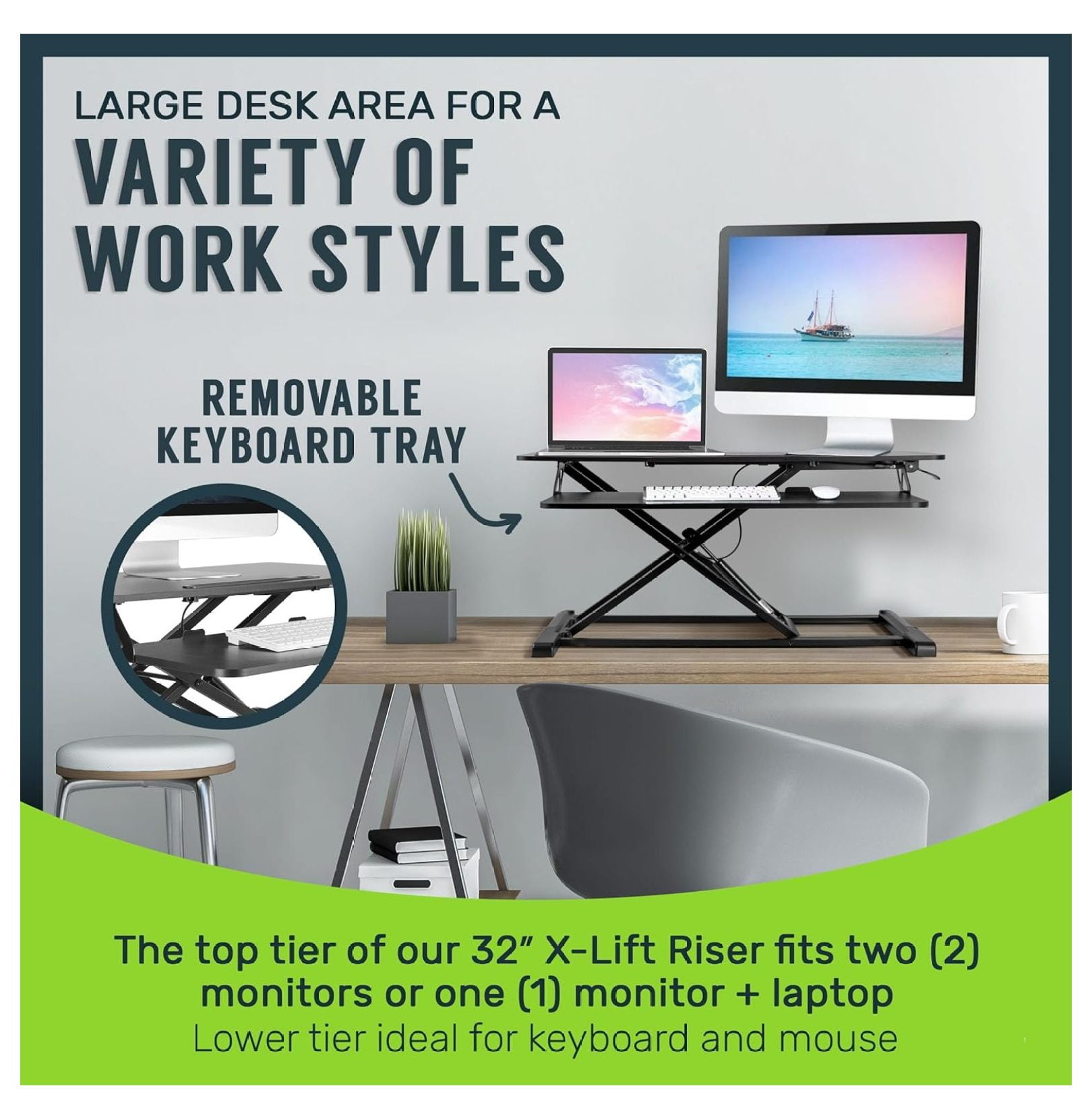 Standing Desk Converter - 32 Inch Adjustable Sit to Stand Up Workstation, Particle Board, Dual Monitor Desktop Riser with Keyboard Tray, for Home Office Laptop, Black 32"
