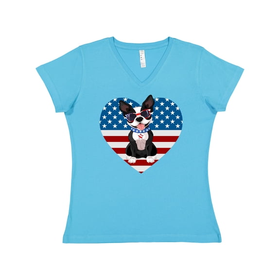 Inktastic Boston Terrier Dog US Flag July 4th Women's V-Neck T-Shirt