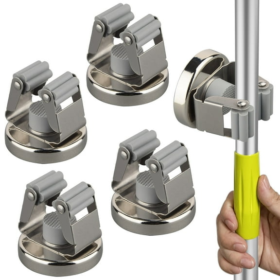 ULIBERMAGNET Magnetic Mop Broom Holder,Heavy Duty Movable Magnetic Tools Holder,Anti-Slip Magnetic Mounted Utility Storage Mop Shovel Hanger for Garage, Kitchen, Laundry, Garden(4 Pack/Silver)