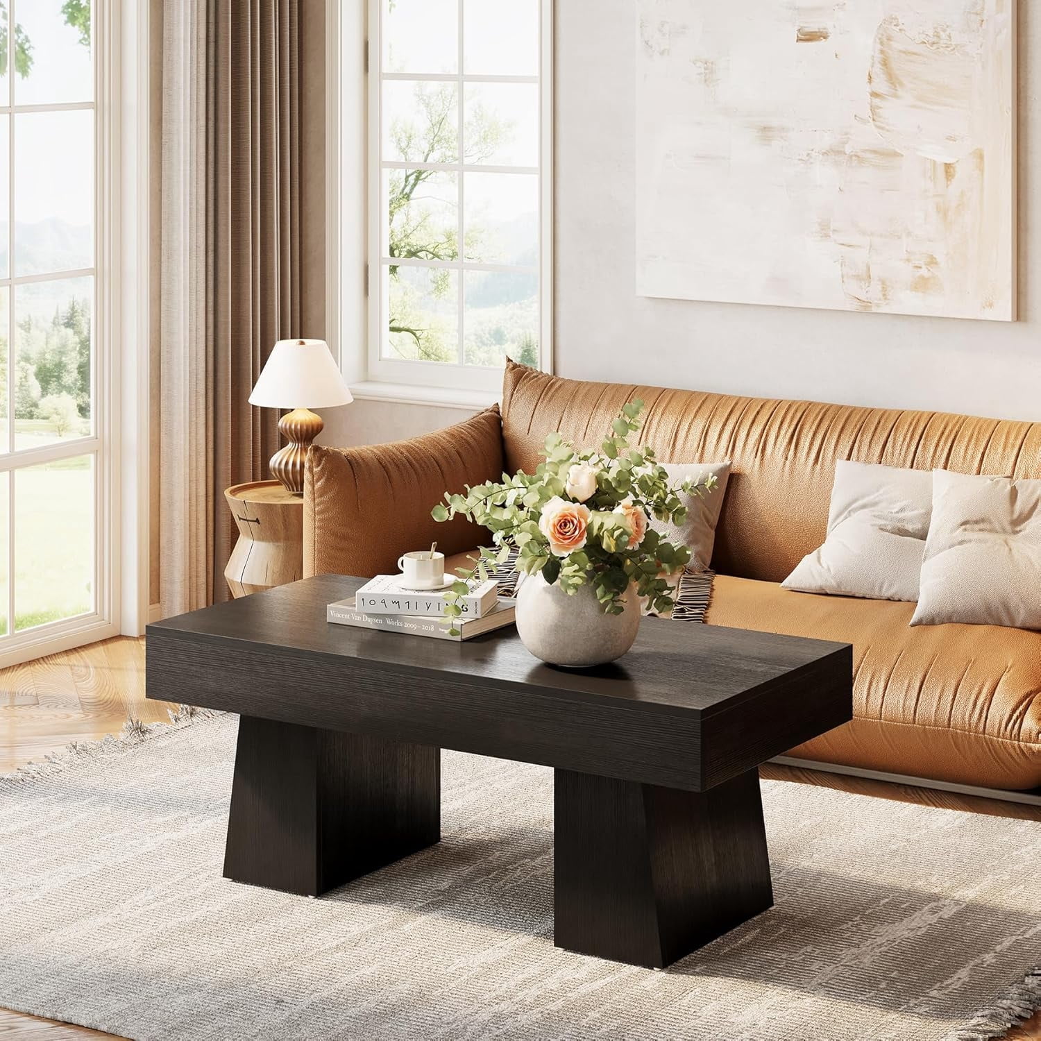 Tribesigns Farmhouse Coffee Table, 47" Wood Accent Center Tables for Living Room, Black