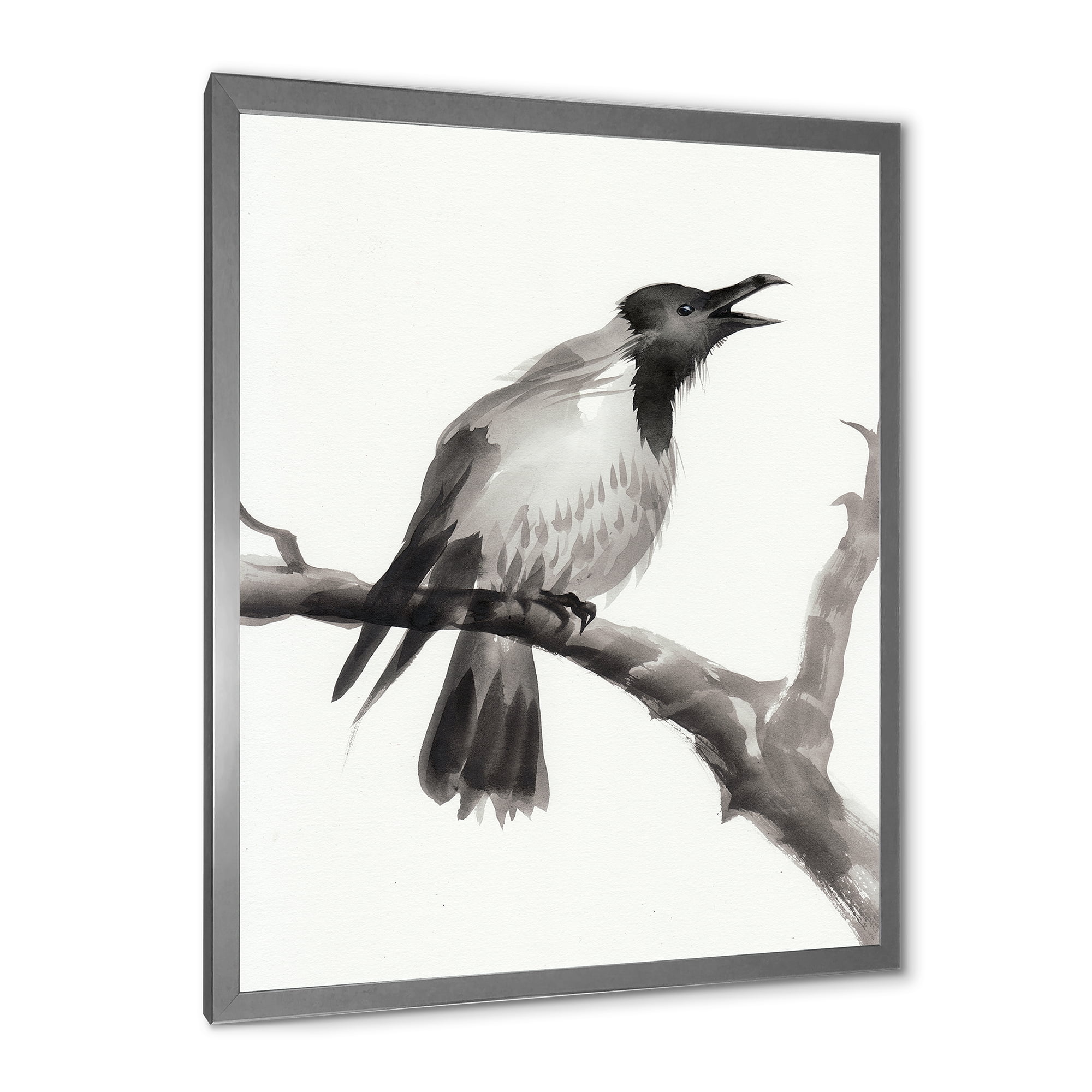 Designart 'Monochrome Crying Crow On A Branch' Traditional Framed Art Print