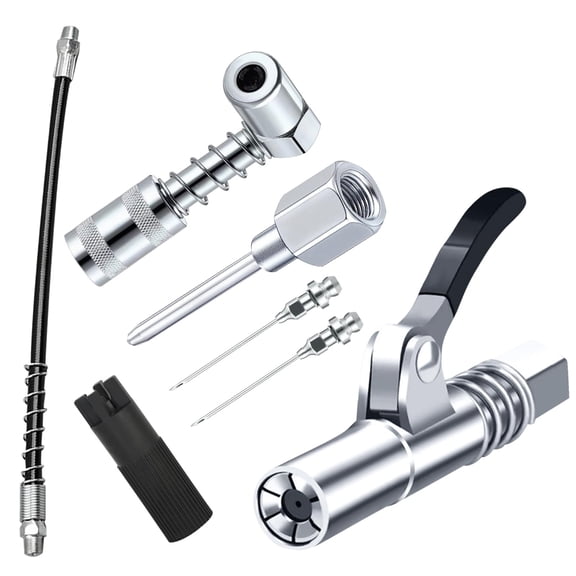 Deally Grease Gun Accessory Kit 7 Piece Set Includes Grease Needle Dispenser 2 Nozzles 90 Degree Coupler Adapter Grease Gun Coupler 12 Inch Hose Zerk Fitting Cleaner for Automotive Farm Use