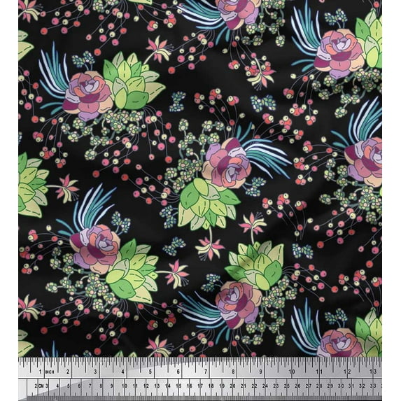 Soimoi Poly Georgette Fabric Leaves,Berries & Rose Floral Printed Fabric 1 Yard 52 Inch Wide