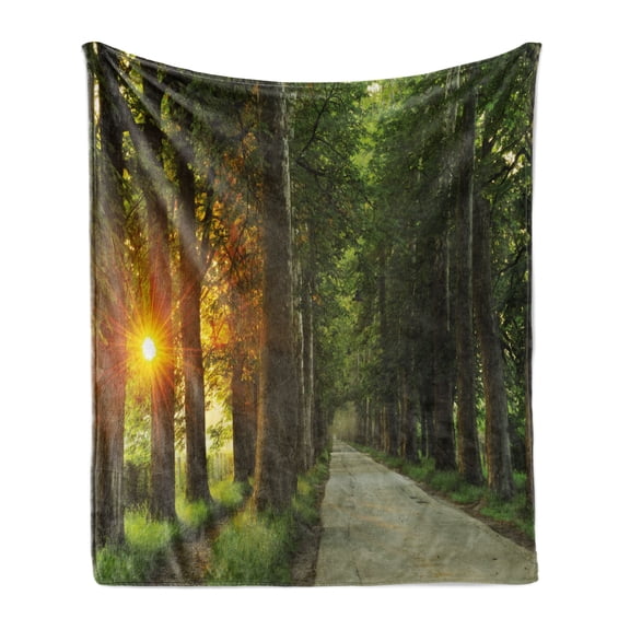 Nature Soft Flannel Fleece Blanket, Fresh Idyllic Morning Scenery Woods with Rising Sun Peaceful Countryside, Cozy Plush for Indoor and Outdoor Use, 50" x 70", Green Marigold Beige, by Ambesonne