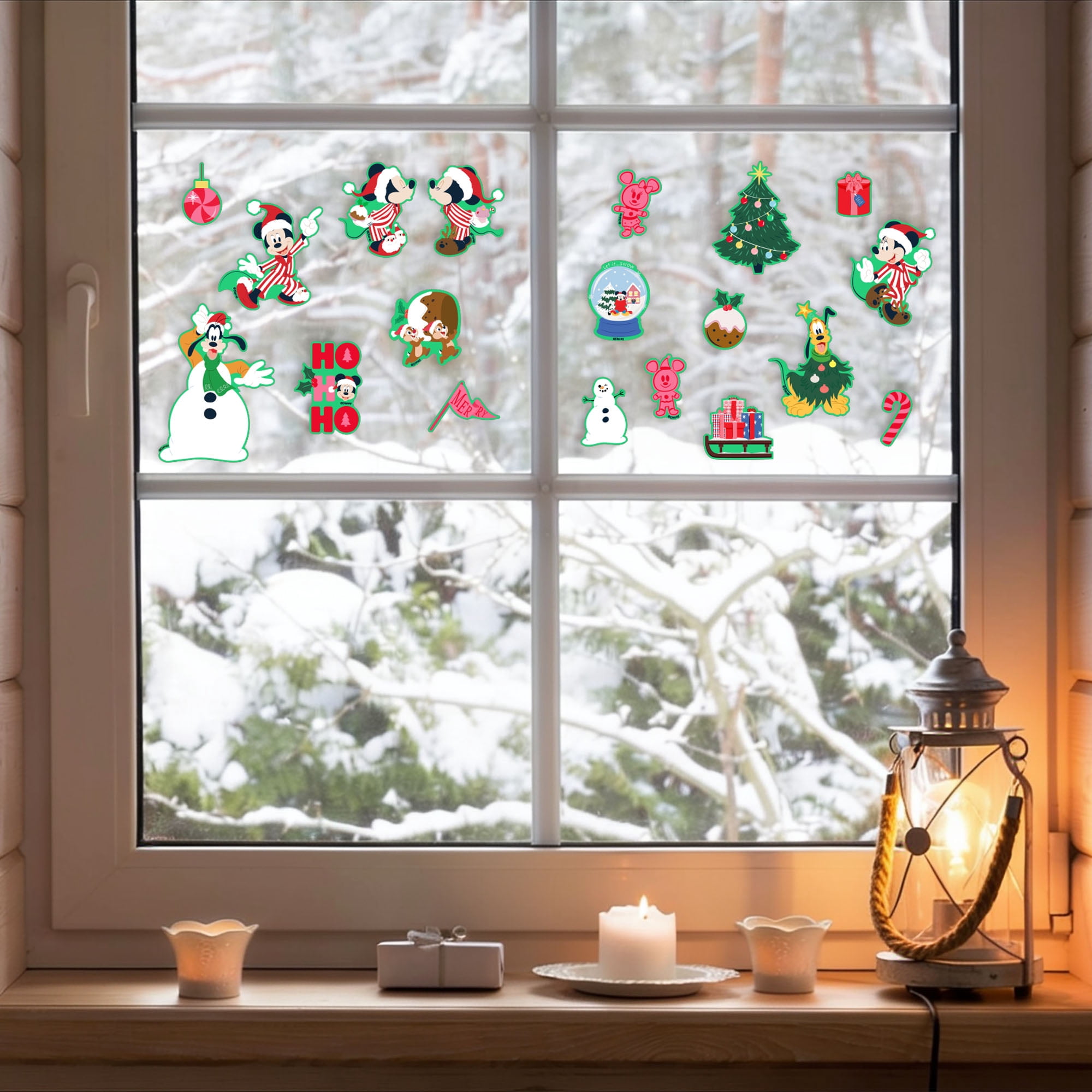 Disney Mickey & Friends Christmas Window Clings, 19‑Piece Holiday Window Decorations – Mickey, Minnie, Goofy & Pluto