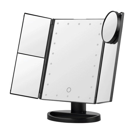 Ovonni Vanity Makeup Mirror Trifold 22 LED Lighted With Touch Screen, 2x 3x 10x Magnifying Spot, Foldable 180°Adjustable Stand And Dual Power Supply For Countertop Bathroom Cosmetic