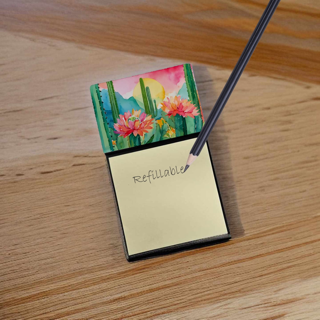 Arizona Saguaro Cactus Blossom in Watercolor Sticky Note Holder 3.25 in x 5.25 in