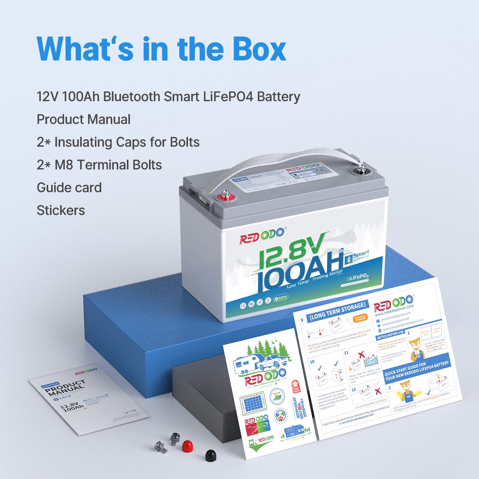 Redodo 2 Pack 12V 100Ah LiFePO4 Battery Bluetooth 100A BMS Remote 