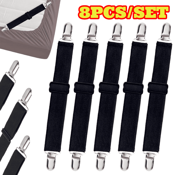 8pcs Black Bed Sheet Straps, Adjustable Elastic Fitted Sheet Holder Clips, Heavy Duty Bed Sheet Holders for Corners, Mattress Fasteners