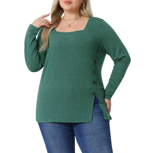 Blusas de túnica casual de manga larga con cuello cuadrado y botones laterales para mujeres de tallas grandes Agnes Orinda 3X verde