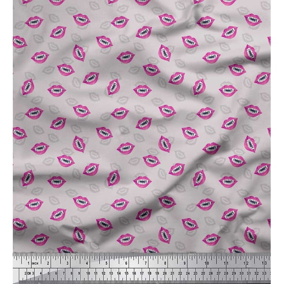 Soimoi Gray polyester Crepe Fabric Monster Lips & Teeth Face Printed Craft Fabric by the Yard 42 Inch Wide