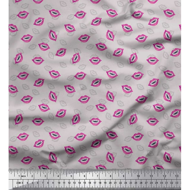 Soimoi Gray Silk Fabric Monster Lips & Teeth Face Decor Fabric Printed Yard 42 Inch Wide
