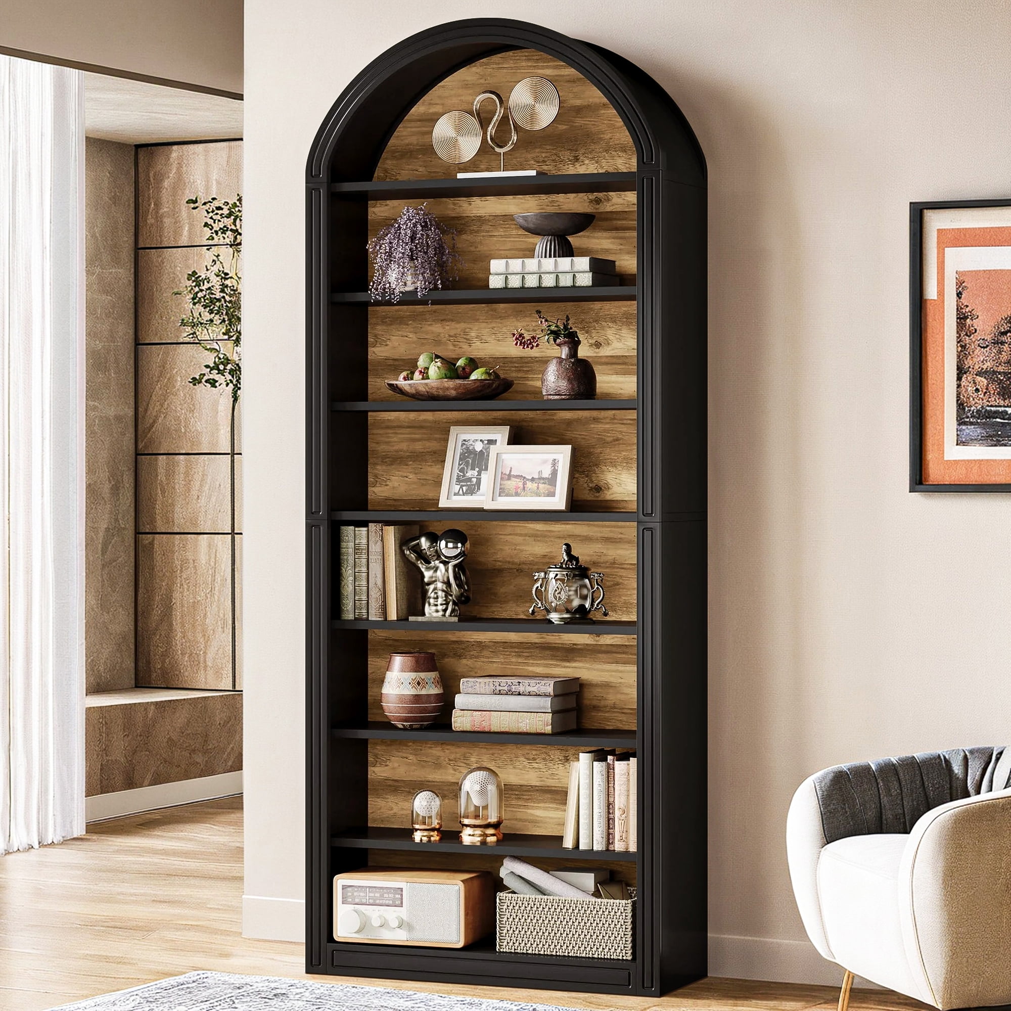 Demi Bonn 78.7" Bookshelf, 8-Tier Wooden Arched Bookcase Display Shelving Unit for Bedroom, Living Room, Black