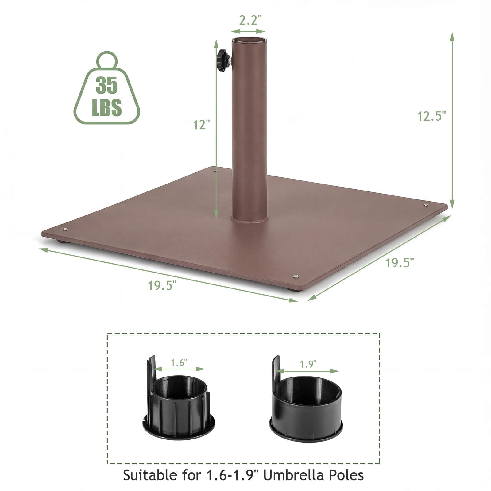 Costway 20" Square Patio Umbrella Base Weighted 35 LBS Outdoor Market Stand Footpads Brown