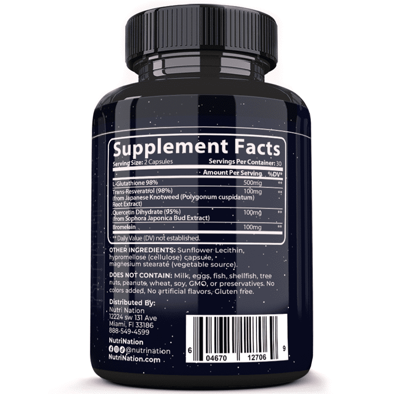 glutathione quercetin Nutri Nation Liposomal 500 mg with Resveratrol, & Bromelain, 4-in-1 Capsules, 180 Count (3 x 60), Antioxidant Support paleo broth