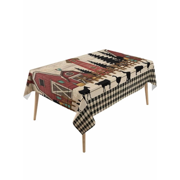 Brown Farmhouse Rectangle Tablecloth, Vintage Country Animals Wood Grain Plaid Waterproof & StainResistant Tablecloth, Washable Oil-proof Table Cover for Dining/Party/Wedding/Camping/Buffet 54x108 In
