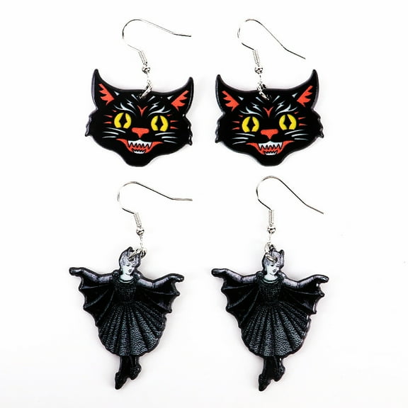 Halloween Witch and Cat Earrings – Acrylic Gothic Dangle Earrings Set 2 Pairs