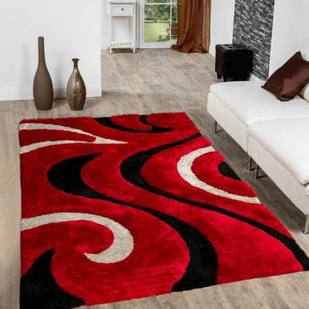 Black Red Rugs Allstar Red Shaggy Area Rug with 3D Black Lines Design. Contemporary Hand Tufted (7' 6