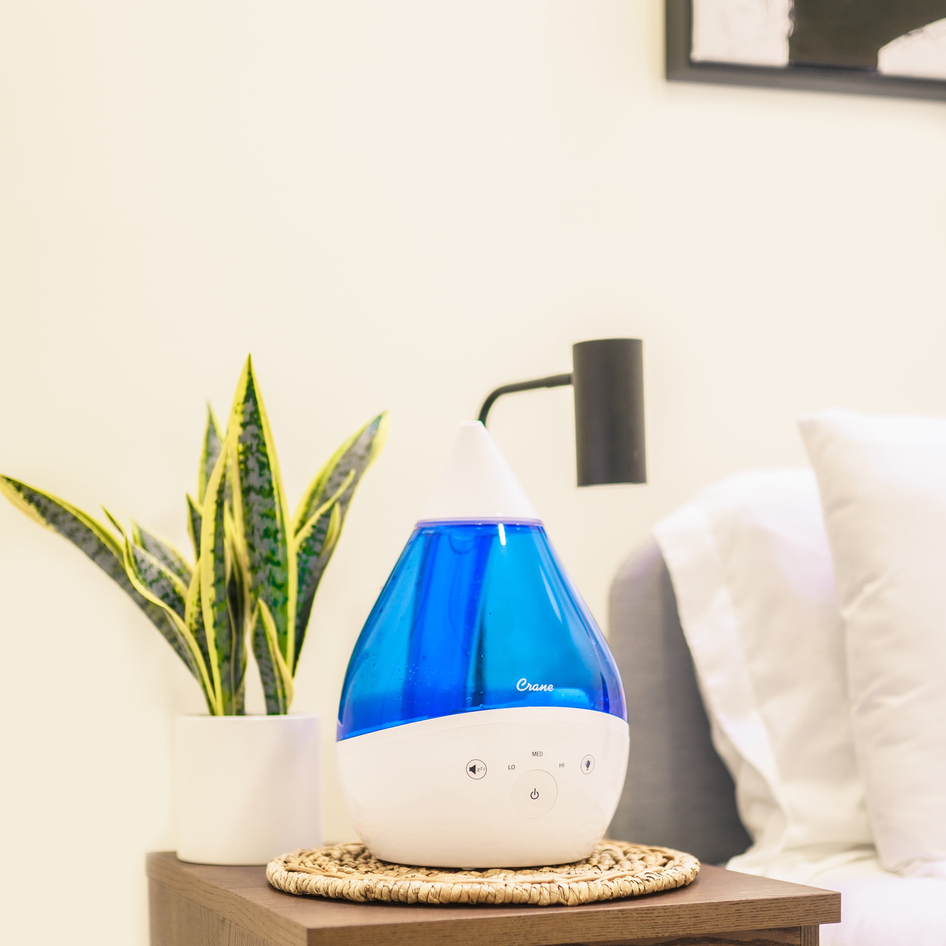 Crane Top Fill Drop 1 Gallon Ultrasonic Cool Mist Humidifier with Sound Machine and Optional Nightlight - Blue & White