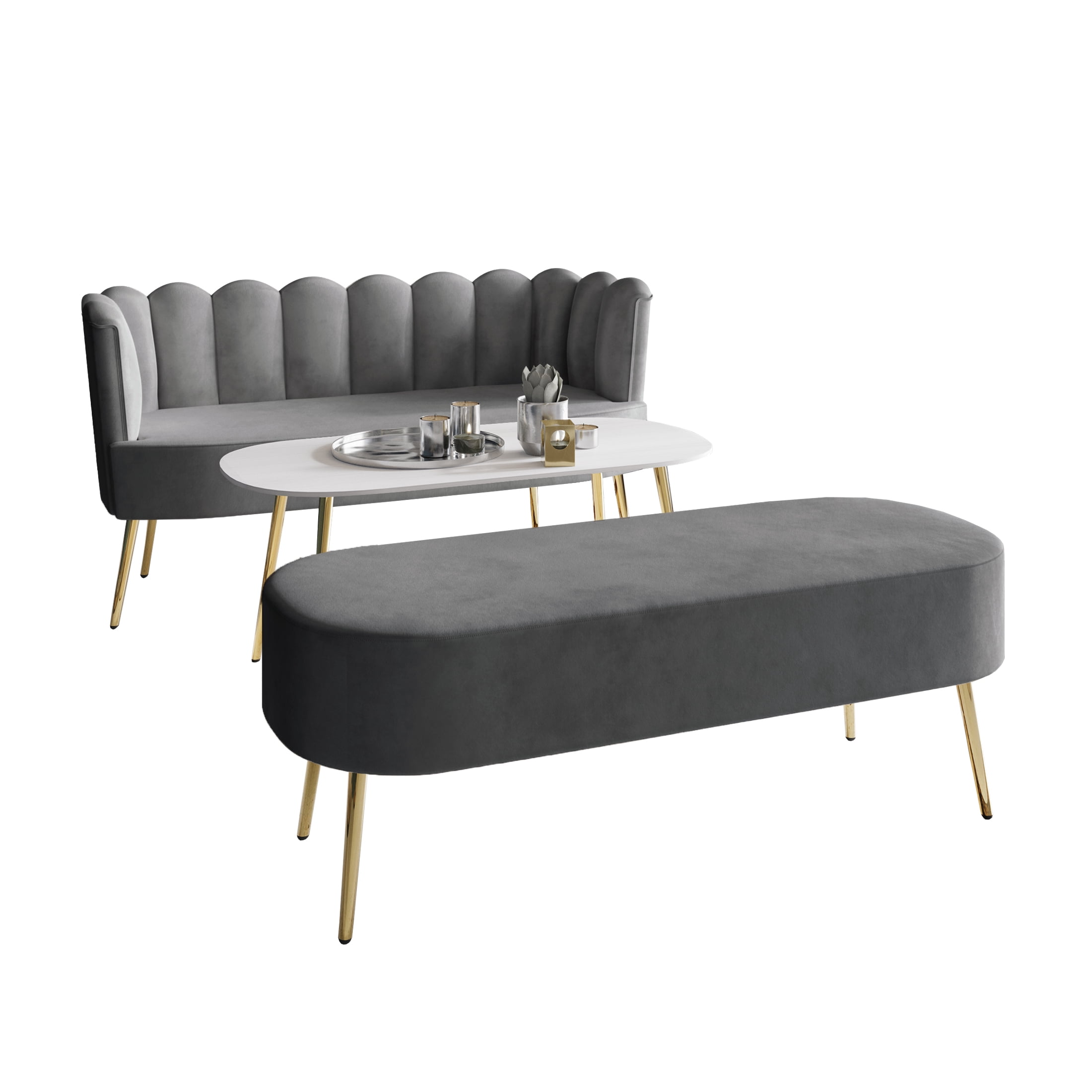 Castle Place Modern Luxury Upholstered Velvet Love Seat with Bench and Coffee Table, Light Grey