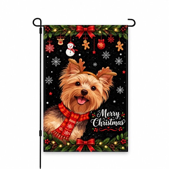 Festive Merry Christmas Garden Flag 12x18 Inch with Adorable Dog in Antlers & Red Scarf, Snowflakes & Holiday Decor for Seasonal Patio, Lawn Display