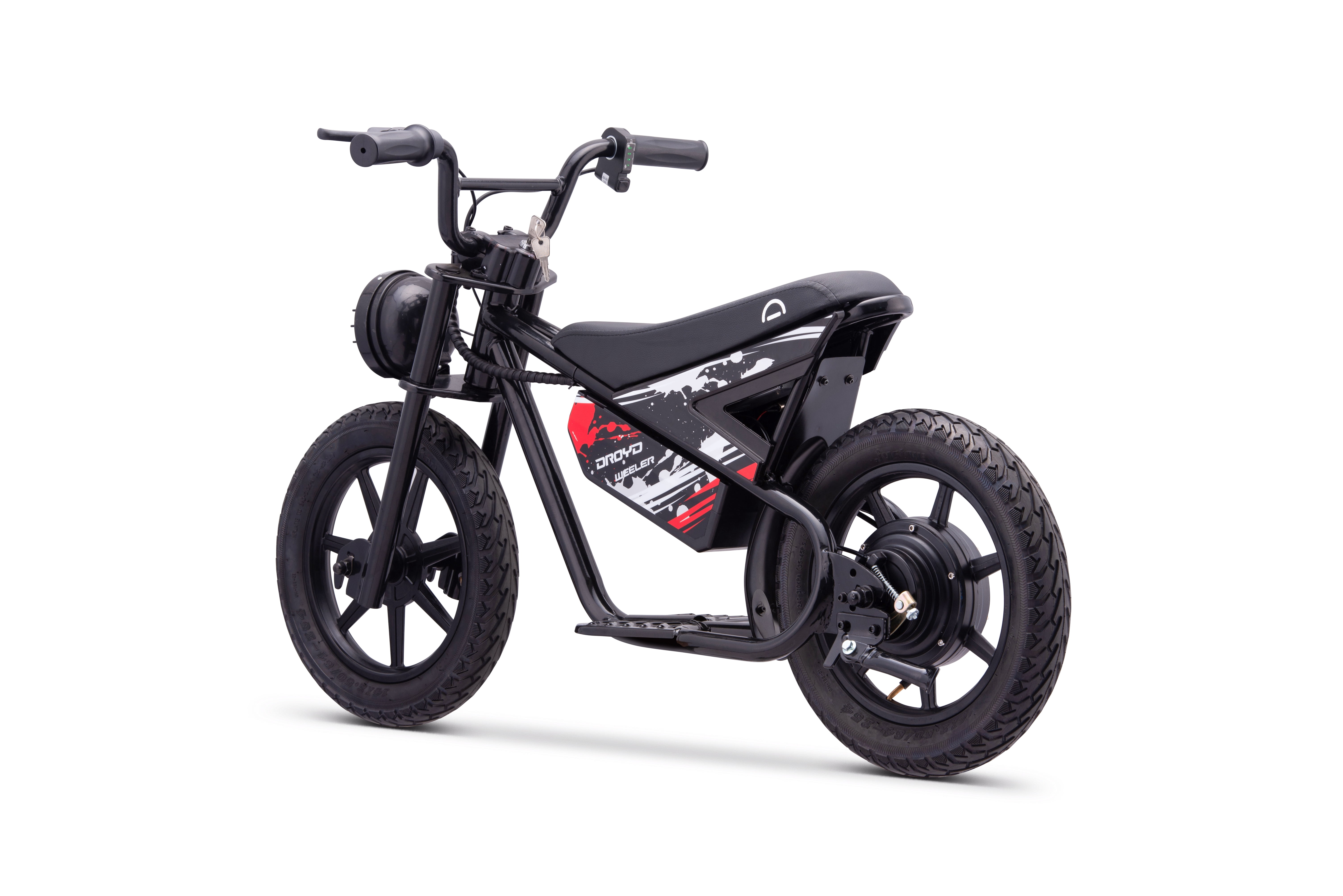 Droyd Weeler Electric Mini Bike for Kids 6-12 - 24V 8Ah Battery, 6-10 MPH, Up to 8 Miles, LED Lights