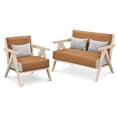 thumbnail image 1 of Costway 2 PCS Faux Leather Single Sofa Chair & Loveseat with Rubber Wood Frame, Pillows Brown + Gray, 1 of 9