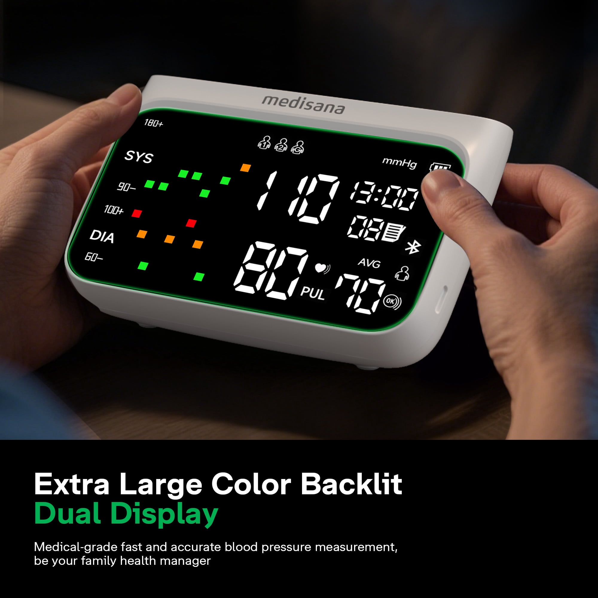 Medisana Cordless Arm Blood Pressure Monitor, Bluetooth Smart Blood Pressure Monitors for Home Use with App Tracking, Blood Pressure Machine with LED Color Dual-Display, Extra-Large Adult Cuff