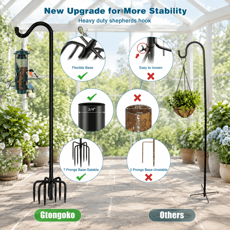76 Inch 2 Pack Heavy Duty Outdoor Shepherd Hook with 7-Prong Base ...