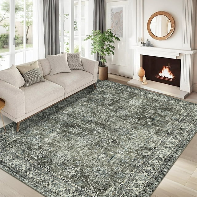 Bingirl 6'x9' Vintage Persian Area Rugs for Living Room, Non Slip Machine Washable Rugs Low Pile Distressed Indoor Rug Floral Print Carpet for Dining Room Bedroom Office, Green